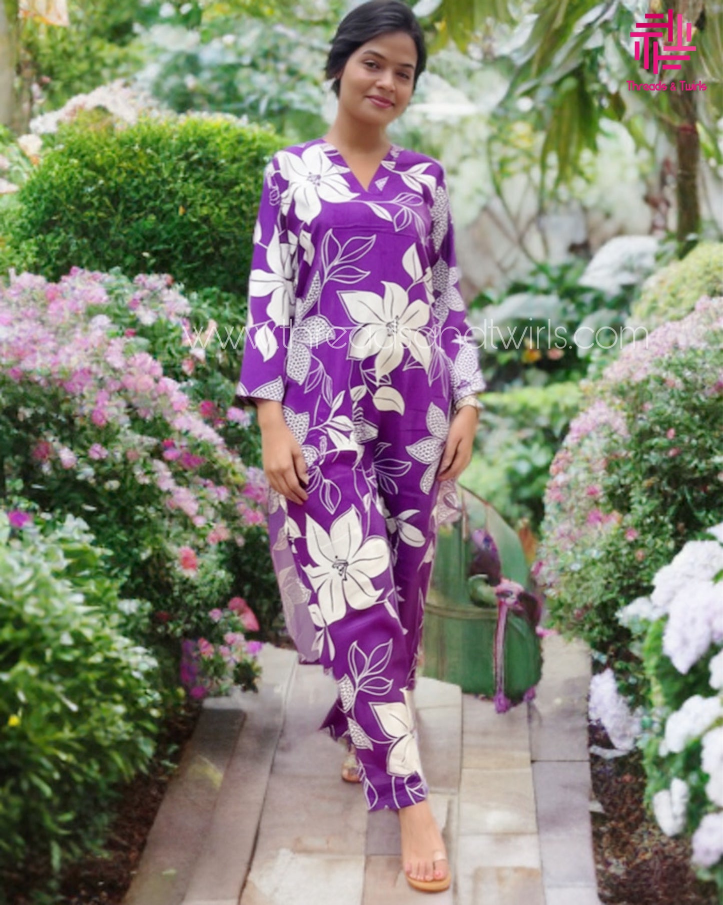 Premium Cotton Coord Set in Purple with Bold White Floral Print – Casual & Lounge Wear
