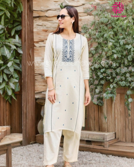 Handwoven Khadi Cotton Kurta Pant Set with Navy Blue Thread Embroidery – Elegant Everyday Wear