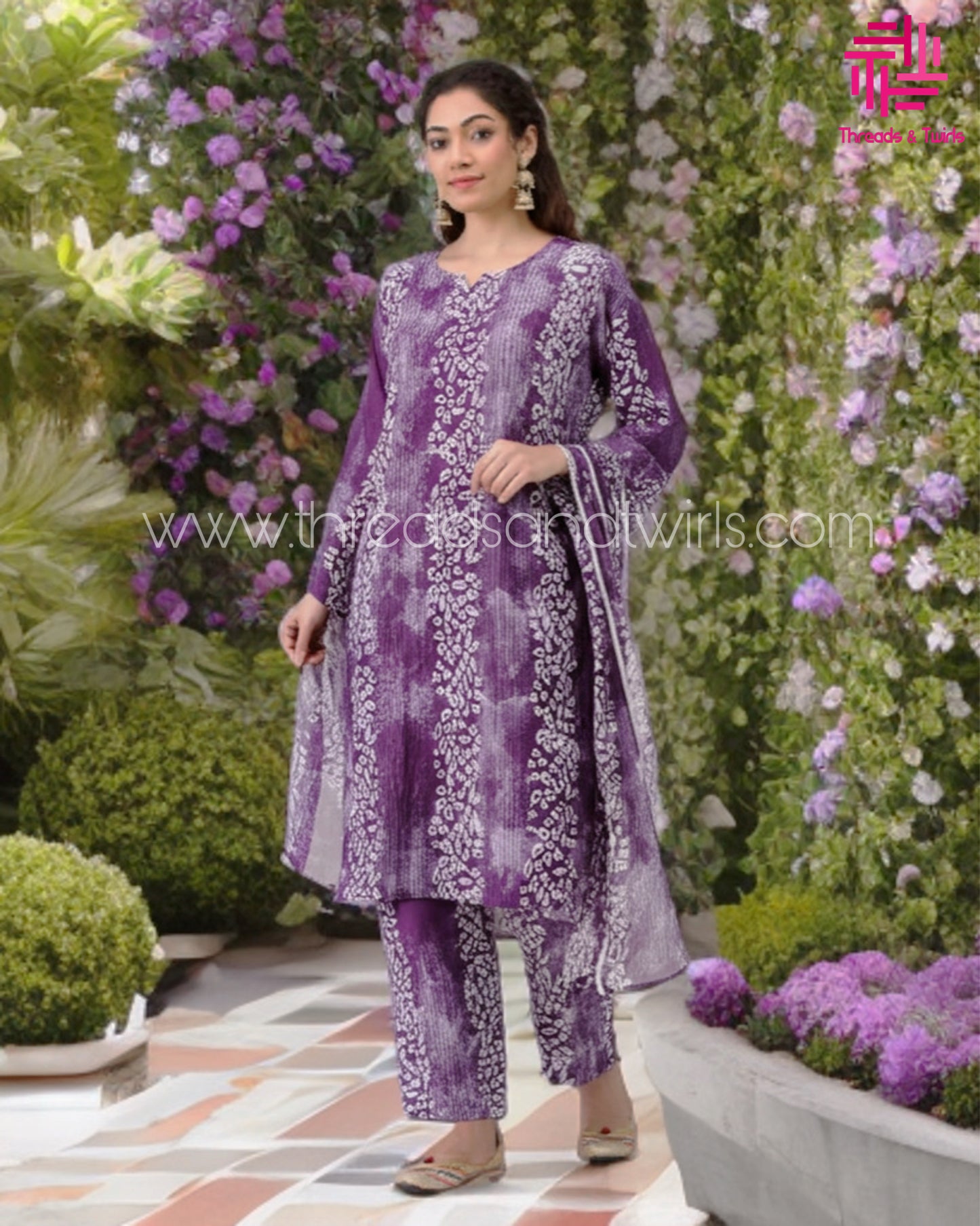 Purple Bandhani Print Kurtha Set with Dupatta & Pant – Traditional Elegance with Contemporary Comfort