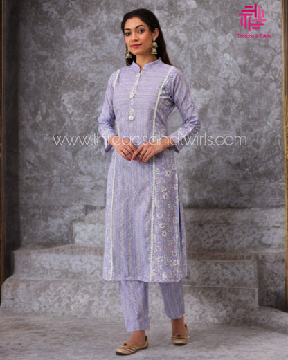 Lavender A-Line Kurta Set with Panelled Design, Chinese Collar & Mirror Work Neck