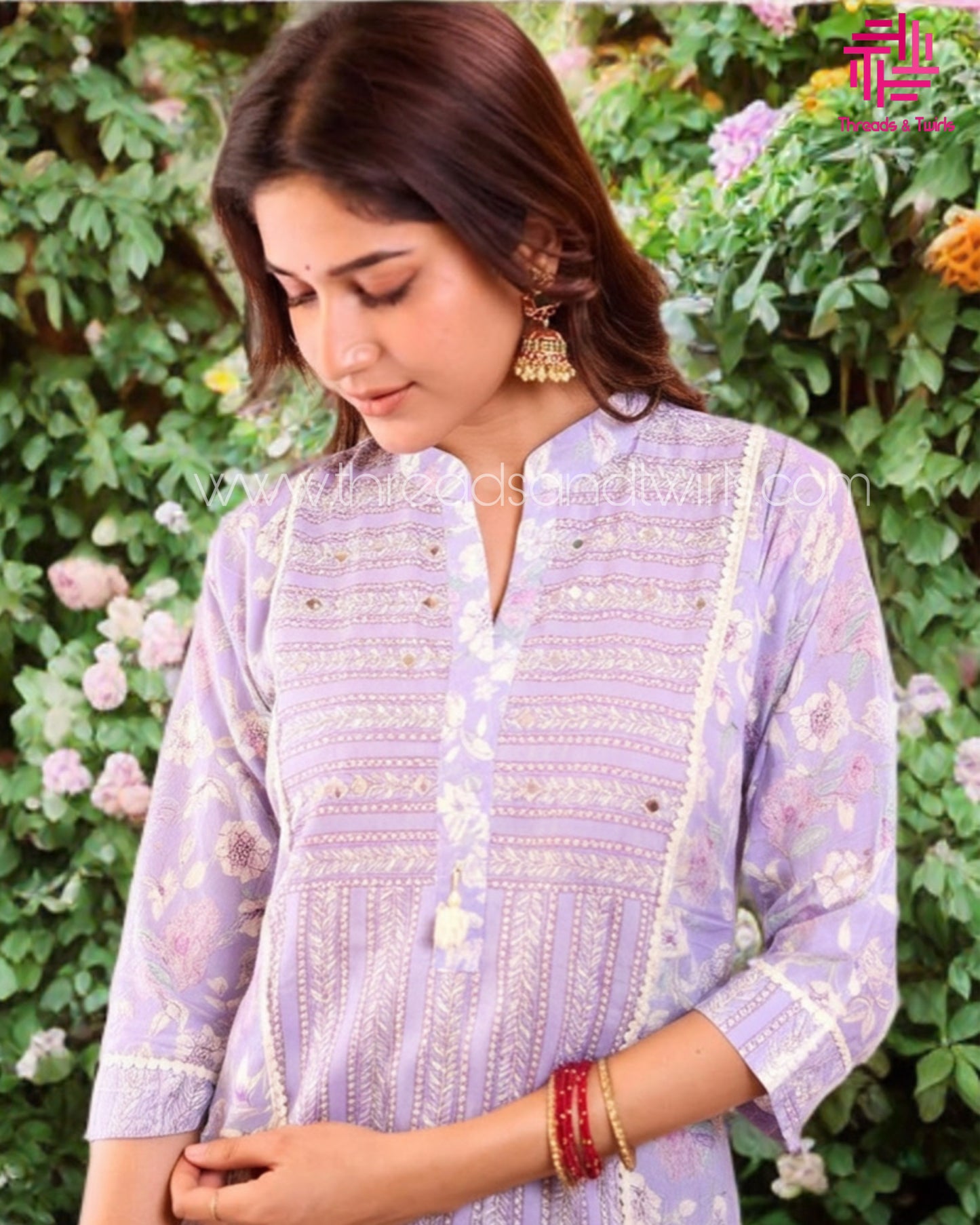 Lavender A-Line Kurta Set with Panelled Design, Chinese Collar & Mirror Work Neck