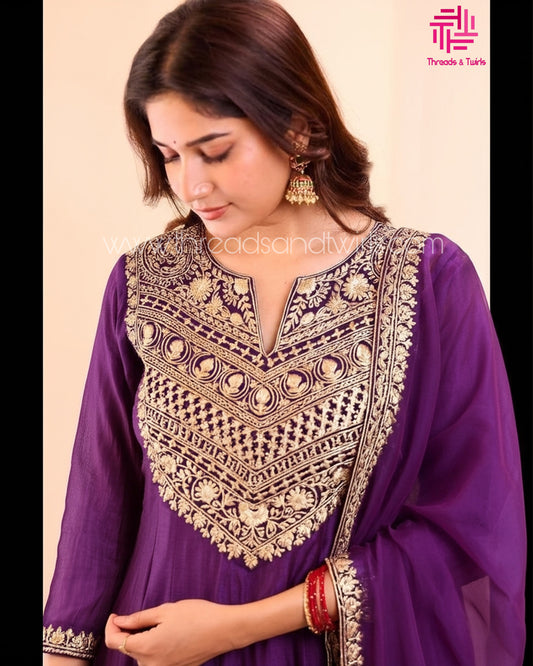 Violet Mul Chanderi Suit with Intricate Aari Work Yoke & Matching Pant / Dupatta | Threads & Twirls