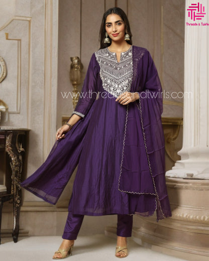 Violet Mul Chanderi Suit with Intricate Aari Work Yoke & Matching Pant / Dupatta | Threads & Twirls