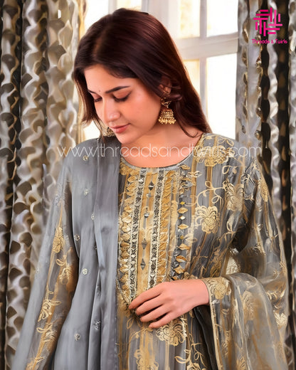 Elegant Grey & Gold Embroidered Salwar Suit with Dupatta – Threads & Twirls