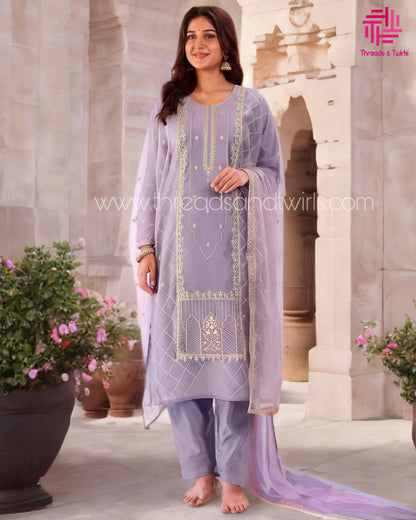 Lavender Chikankari-Style Kurta Pant Set – Elegant Festive Wear with Embroidered Dupatta
