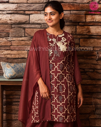 Maroon Cotton Kurta Pant Set with Embroidered Floral Yoke & Dupatta | Everyday Elegance