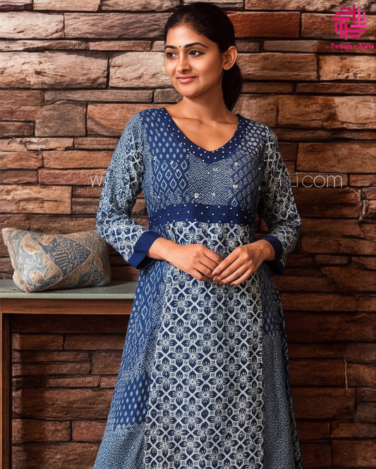 Indigo Blue and White Printed Anarkali Kurta with Solid Pant – Elegant Cotton Blend Set for Festive and Daily Wear