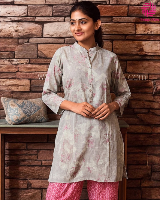 Grey Floral Printed Coord Set – Soft Cotton Casual Wear for Women