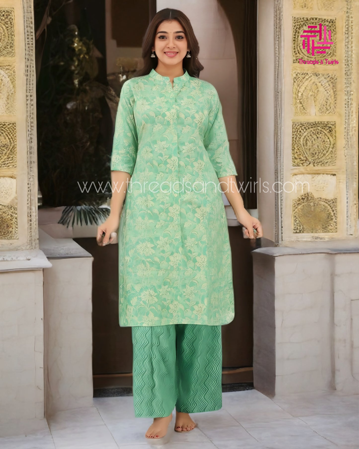 Green Cotton Kurtha Pant Set for Women – A-Line Princess Cut | Ethnic Casual Wear