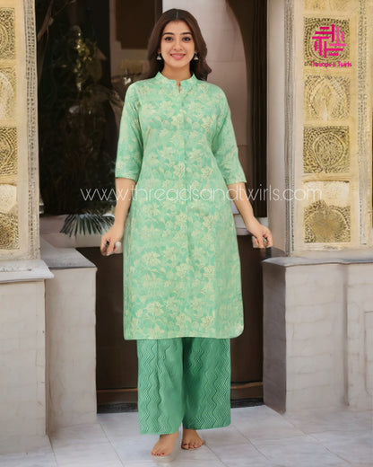 Green Cotton Kurtha Pant Set for Women – A-Line Princess Cut | Ethnic Casual Wear