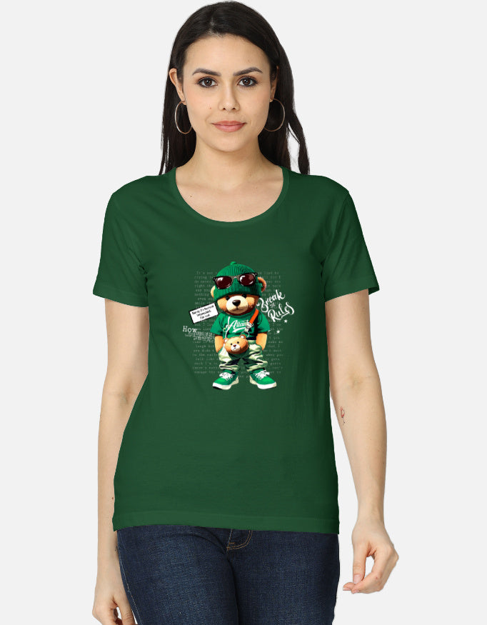 Stay cute and comfy with our Green Women’s Cotton T-Shirt featuring an 11-inch teddy bear print. Made from soft 100% cotton, regular fit, perfect for casual everyday wear.