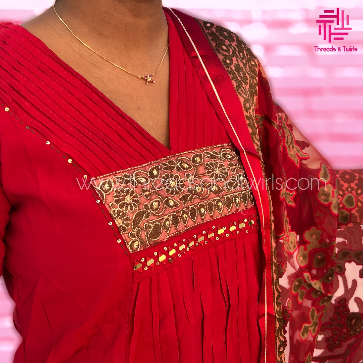 Rich Maroon Viscose Silk Salwar Suit with Heavy Printed Dupatta & Palazzo | Embroidered Yoke | Pin Tuck V-Neck | Threads & Twirls