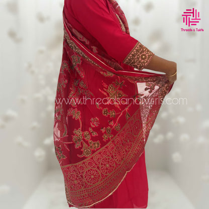 Rich Maroon Viscose Silk Salwar Suit with Heavy Printed Dupatta & Palazzo | Embroidered Yoke | Pin Tuck V-Neck | Threads & Twirls