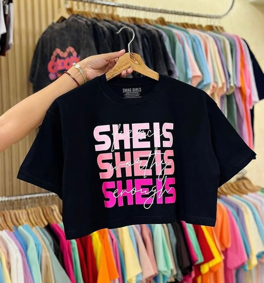 Black Women’s Cotton Crop Top with “She Is” Print – Trendy Casual Wear