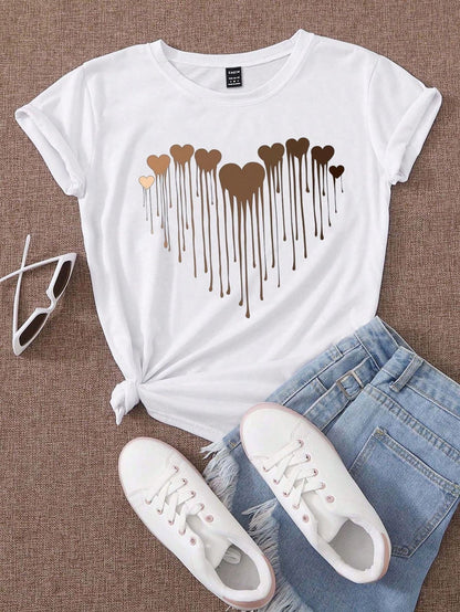 White Women’s 3/4 Sleeve Cotton T-Shirt with Heart Symbol Print – Casual Everyday Wear