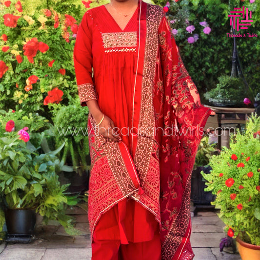 Rich Maroon Viscose Silk Salwar Suit with Heavy Printed Dupatta & Palazzo | Embroidered Yoke | Pin Tuck V-Neck | Threads & Twirls