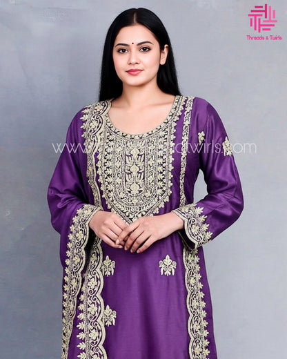 Regal Purple Silk Suit Set with Intricate Thread Embroidery on Kurta & Dupatta