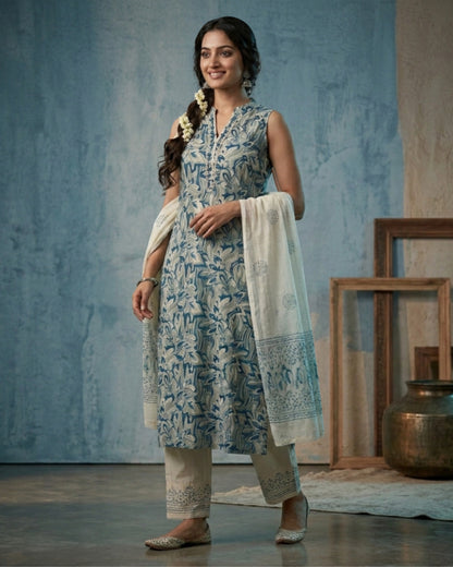 Elegant Blue and Cream Khadi Cotton Printed Kurta Pant Set with Dupatta | Threads & Twirls