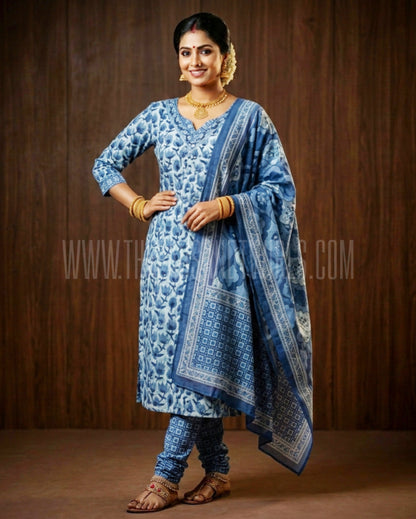 Indigo Blue Cotton Printed Kurta Pant Set with Dupatta – Elegant Floral & Geometric Design