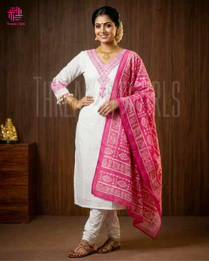 Lavanya - Flex Cotton Suit Set - White and Pink | Threads & Twirls