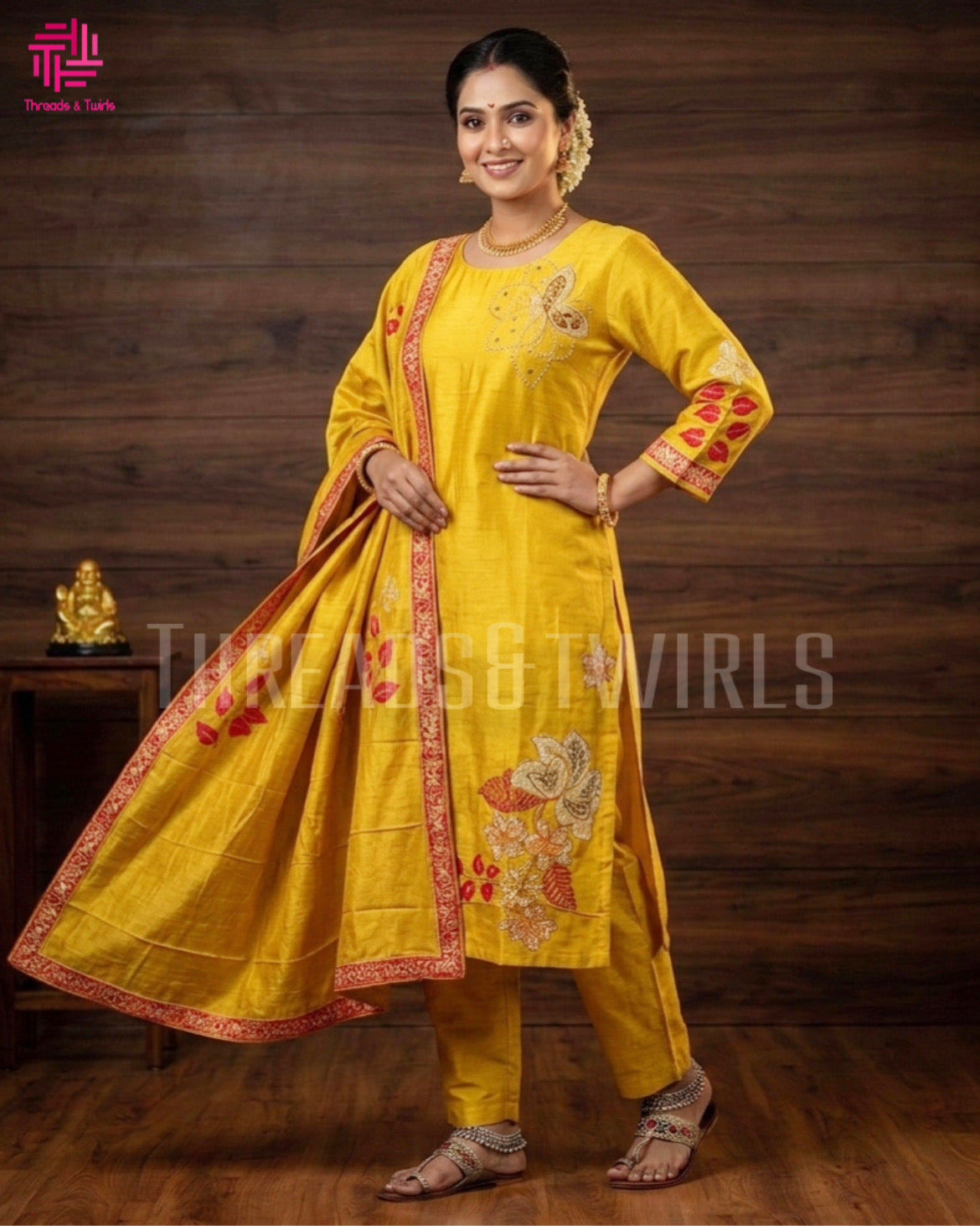 Yellow Muslin Salwar Suit with Printed Dupatta | Threads & Twirls