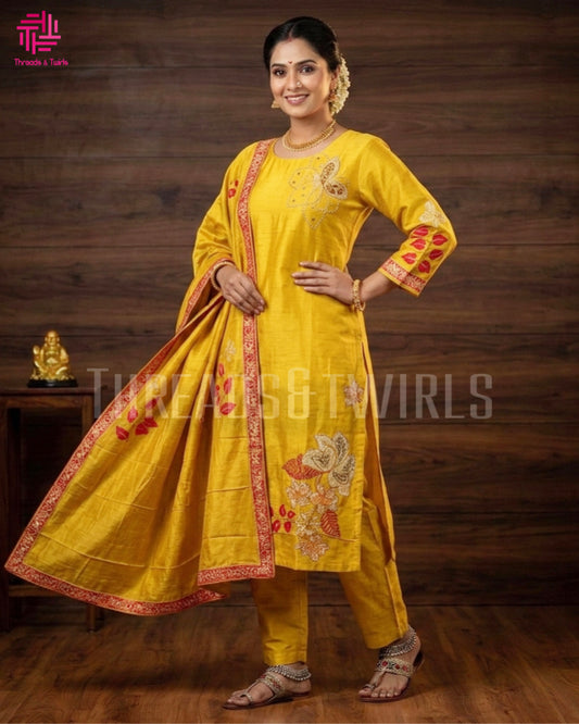 Yellow Muslin Salwar Suit with Printed Dupatta | Threads & Twirls