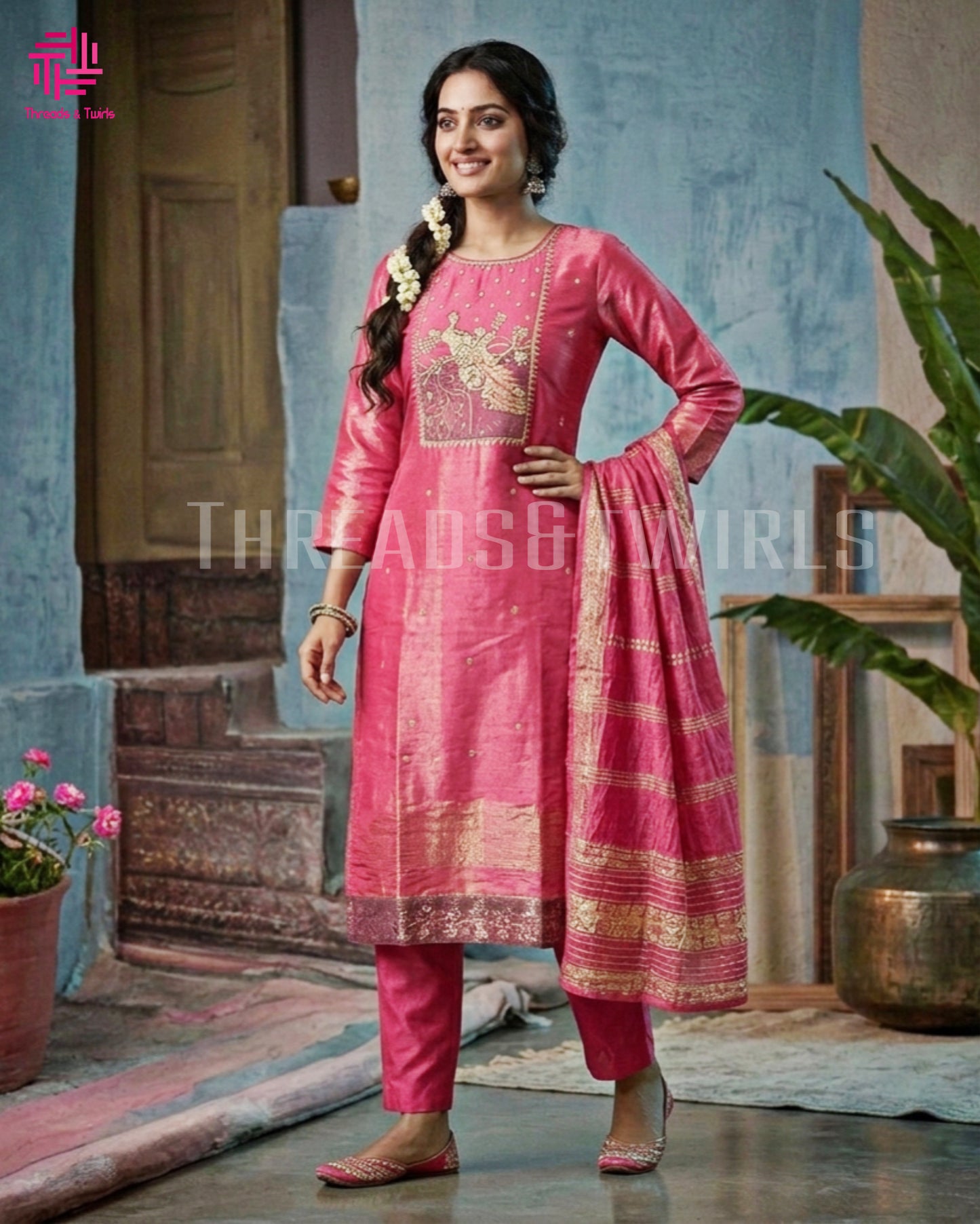 Pink Tissue Shimmer Salwar Suit with Peacock Yoke Embroidery | Threads & Twirls