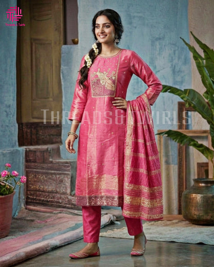 Pink Tissue Shimmer Salwar Suit with Peacock Yoke Embroidery | Threads & Twirls