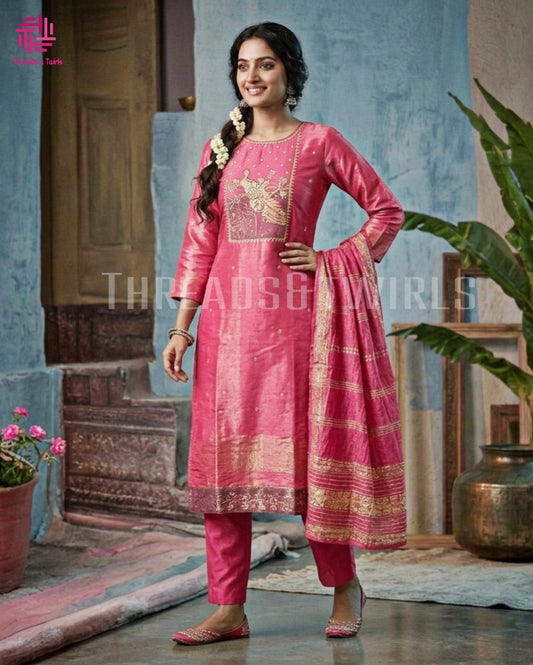 Pink Tissue Shimmer Salwar Suit with Peacock Yoke Embroidery | Threads & Twirls