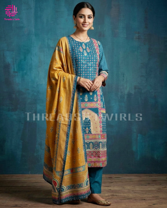 Peacock Blue Chinon Salwar Suit with Mughal Prints, Plain Pant & Golden Dupatta | Threads & Twirls