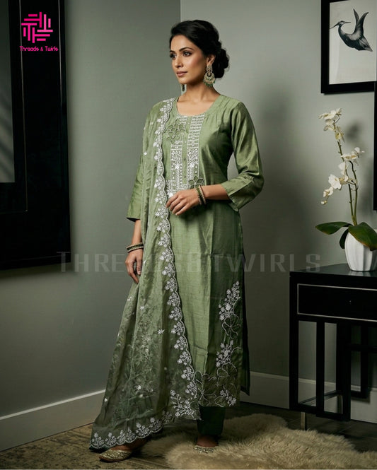 Olive Green Cut Work Embroidered Kurtha Set with Organza Dupatta – Elegant Ethnic Wear for Women