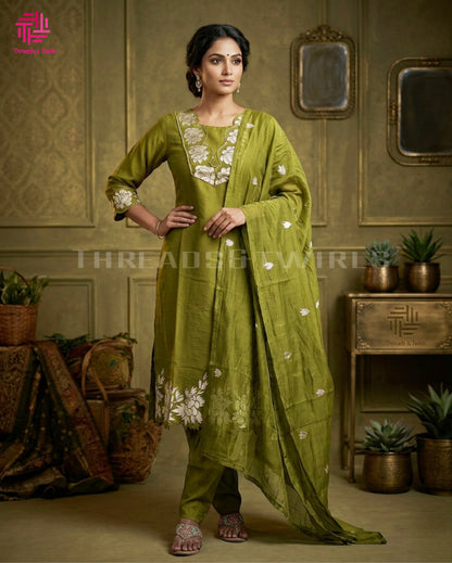 Olive Green Viscose Silk Salwar Suit with Embroidered Neckline & Dupatta | Threads & Twirls