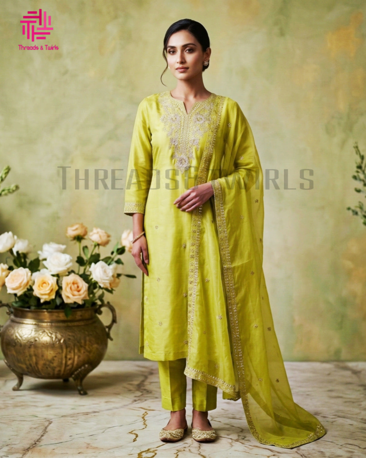 Lime Green Embroidered Silk Kurtha Set – Festive & Designer Wear
