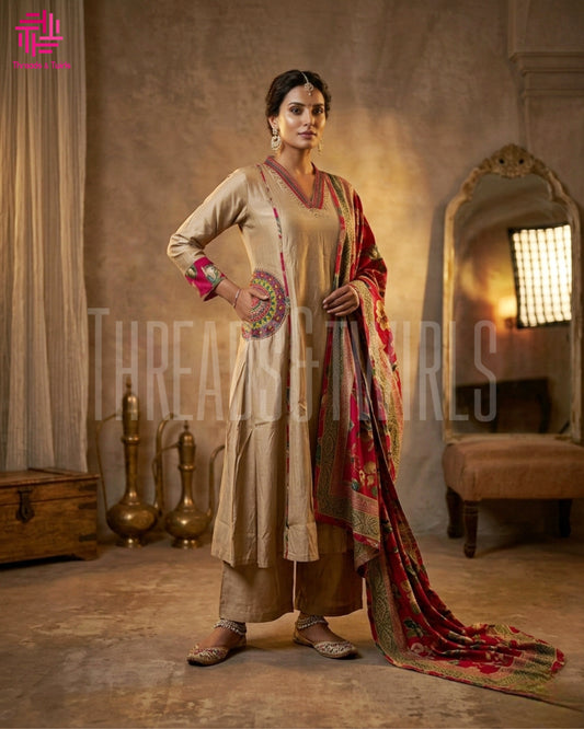 Beige Salwar Suit with Red Floral Dupatta, Embroidered Dual Pockets & Palazzo Pant