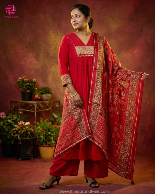 Rich Maroon Viscose Silk Salwar Suit with Heavy Printed Dupatta & Palazzo | Embroidered Yoke | Pin Tuck V-Neck | Threads & Twirls