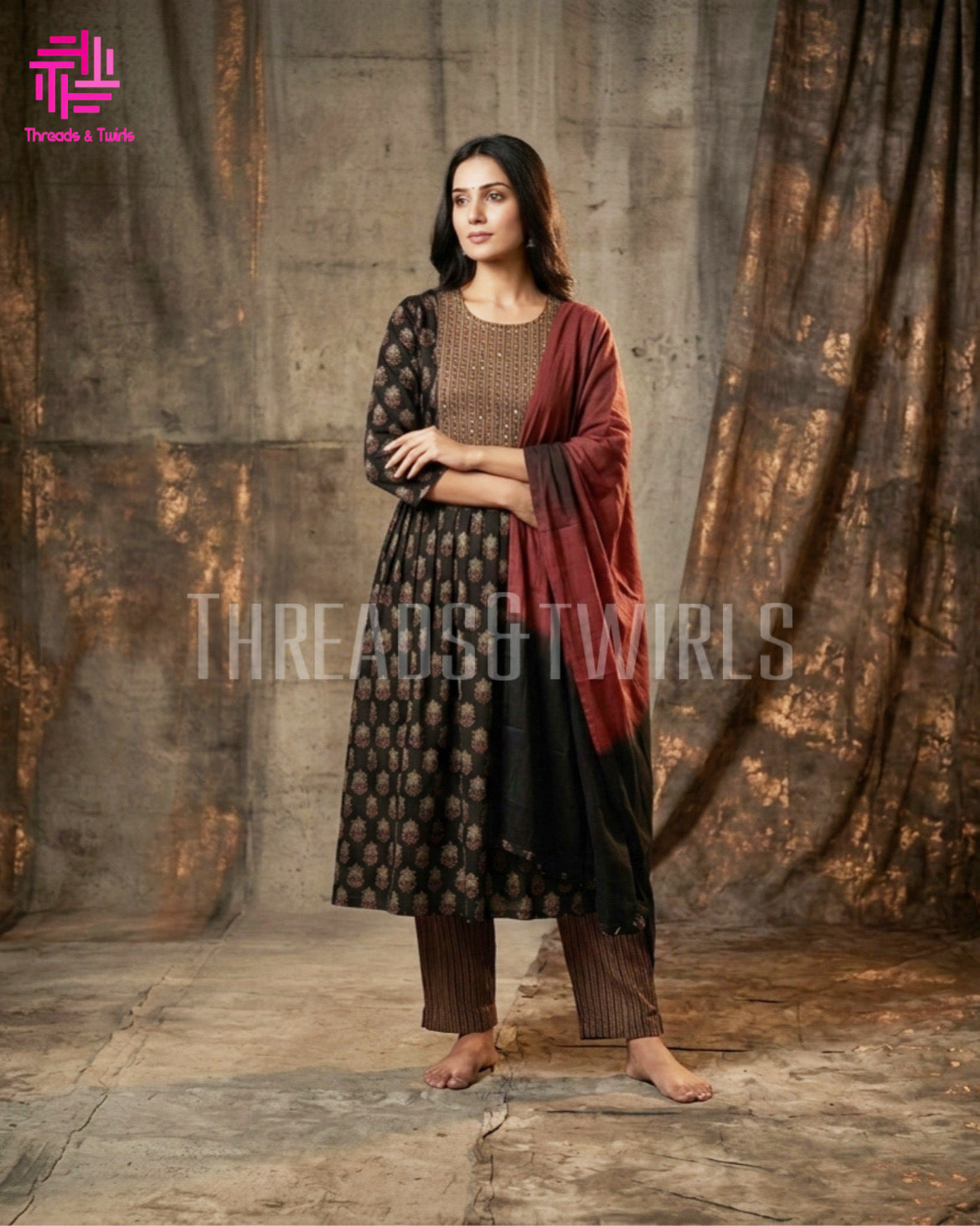 Black Cotton Gold Printed Suit Set | Pant & Dual Tone Dupatta
