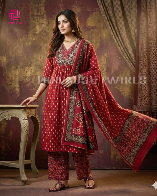 Burgundy Rajasthani Ikat Cotton Salwar Suit with Mirror Work, Printed Pant & Dupatta | Threads & Twirls