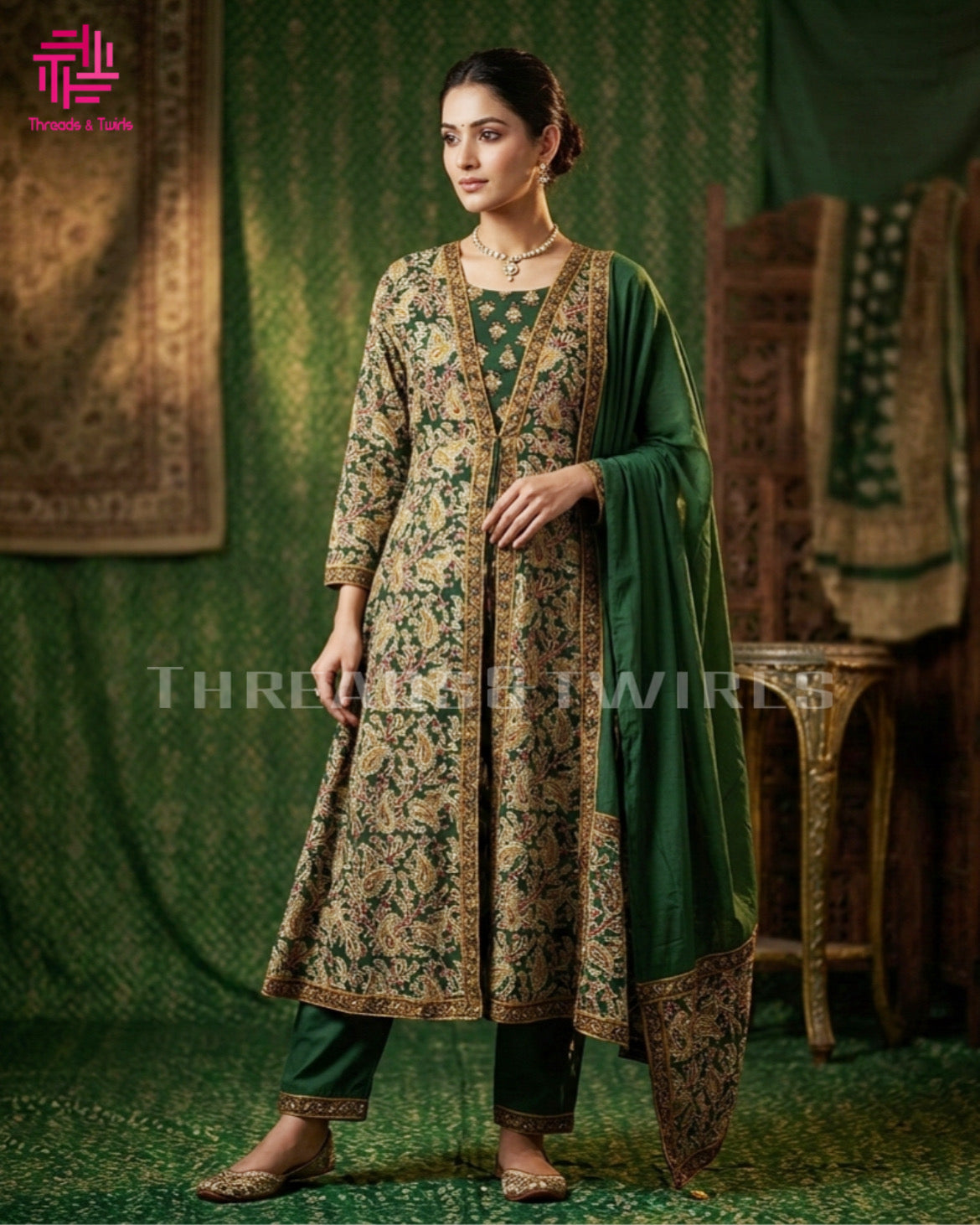 Elegant Kalamkari Green A-Line Suit with Embroidered Detailing