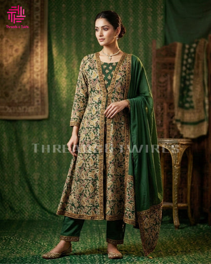 Elegant Kalamkari Green A-Line Suit with Embroidered Detailing