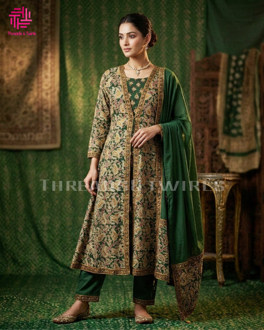 Elegant Kalamkari Green A-Line Suit with Embroidered Detailing