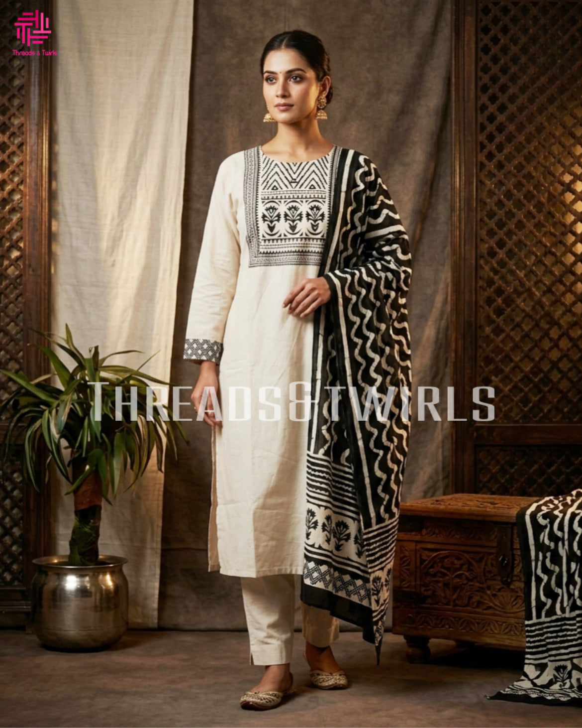 Elegant White Cotton Salwar Suit with Black Printed Dupatta & Matching Pant