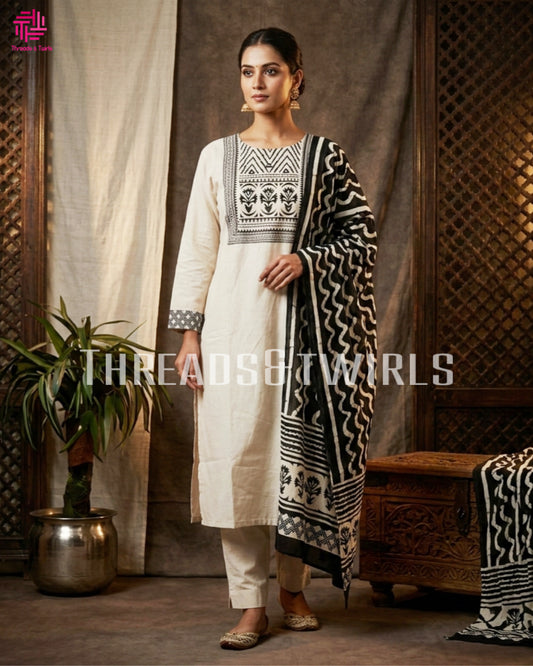 Elegant White Cotton Salwar Suit with Black Printed Dupatta & Matching Pant