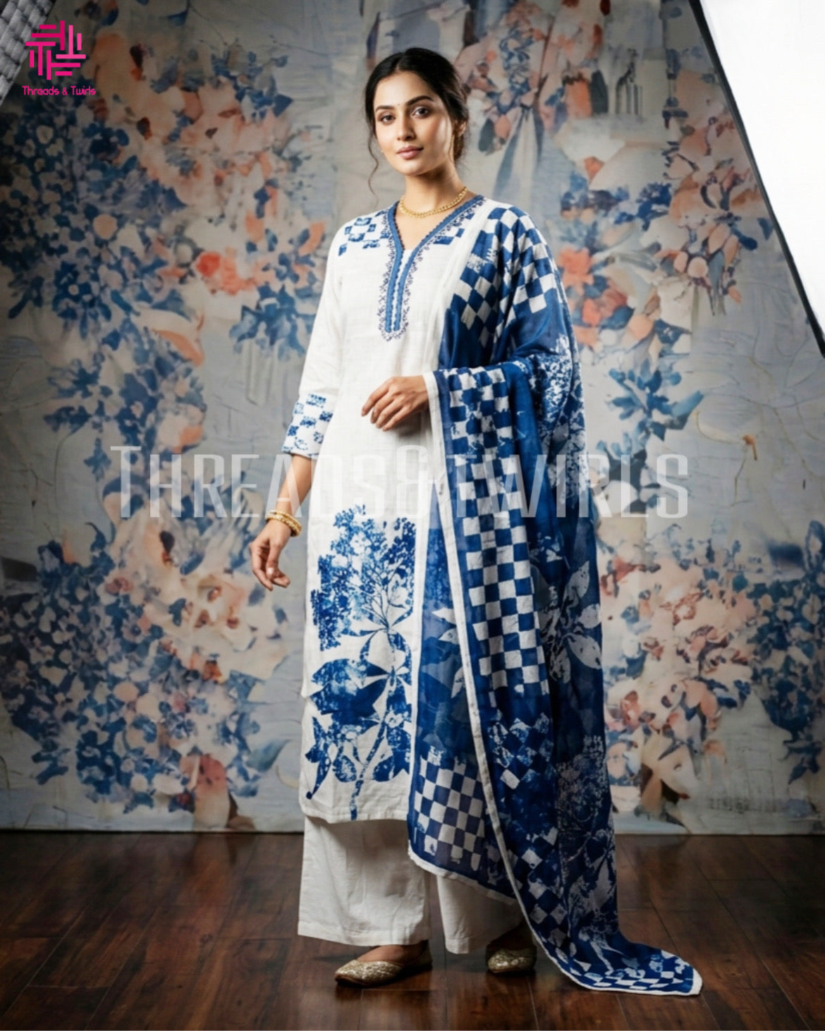 White Cotton Blend Salwar Suit with Blue Floral Print & Dupatta | Threads & Twirls