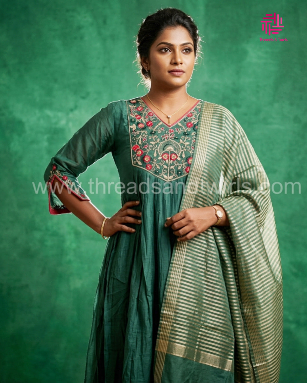 Bottle Green Mul Chanderi Salwar Suit Set with Handwork Zardosi | Threads & Twirls