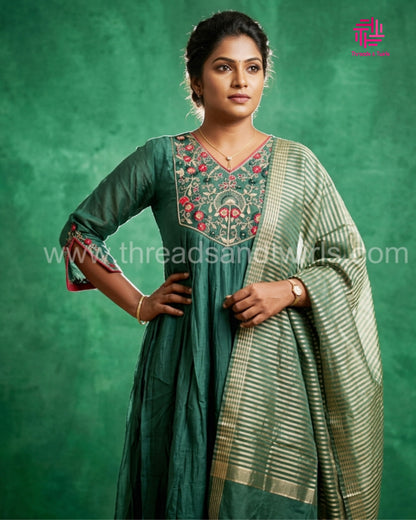 Bottle Green Mul Chanderi Salwar Suit Set with Handwork Zardosi | Threads & Twirls