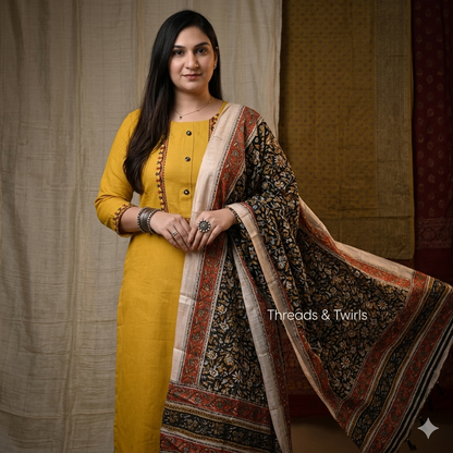 Divya - Printed Dupatta Suit Set - Yellow and Black | Threads & Twirls