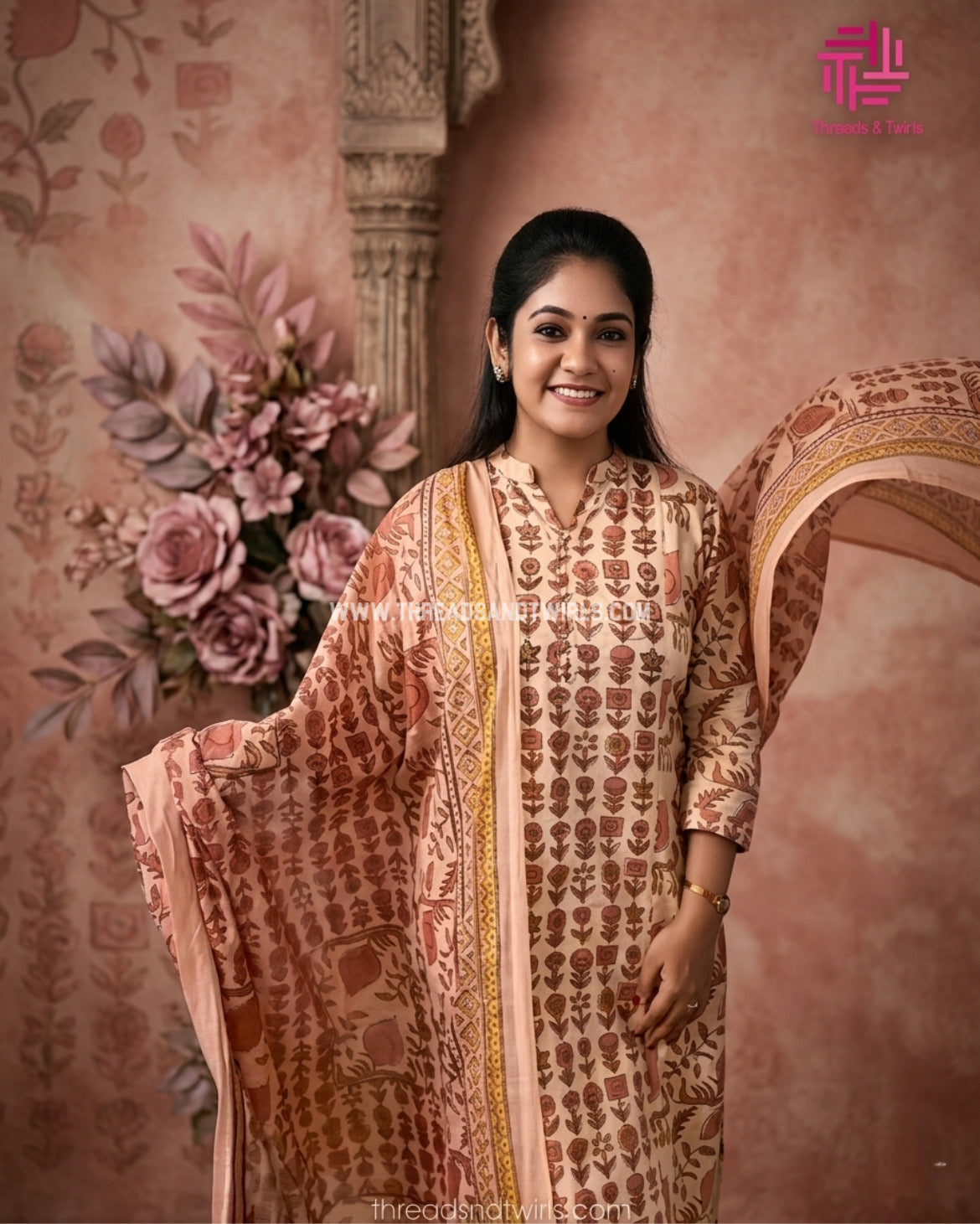 Tan Brown Cotton Printed Kurti Pant Set with Dupatta | Threads & Twirls