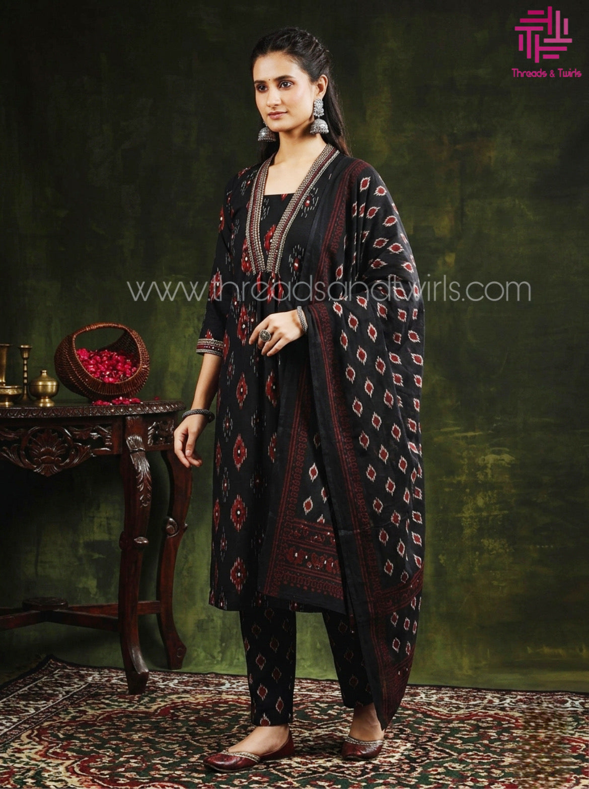 Akshara - Ikkat Suit Set - Black and Red | Threads & Twirls