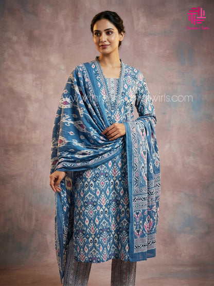 Blue Cotton Ikkat Kurta Set with Lace Detailing & Printed Dupatta | Threads & Twirls Exclusive