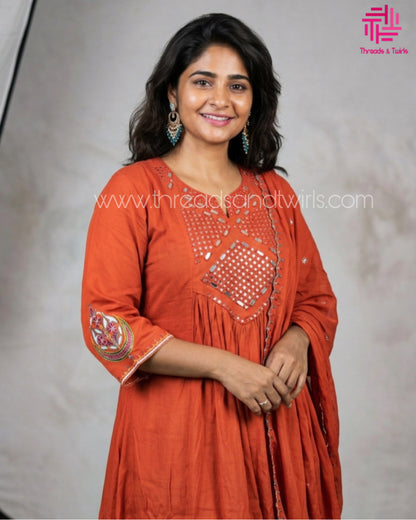 Orange Mirror Work Embroidered Salwar Suit with Flared Kurta | Threads & Twirls